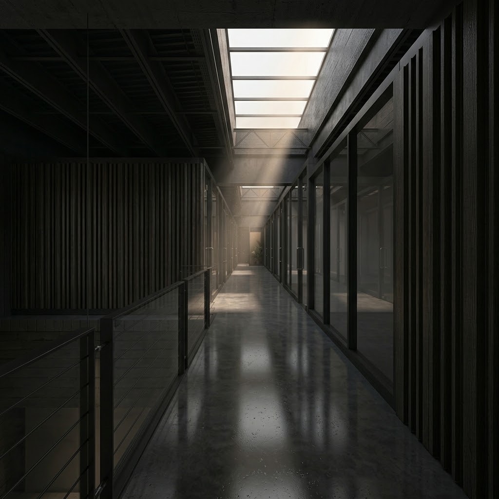 Pasillo interior del Edificio corporativo IP iluminado por lucarnas.