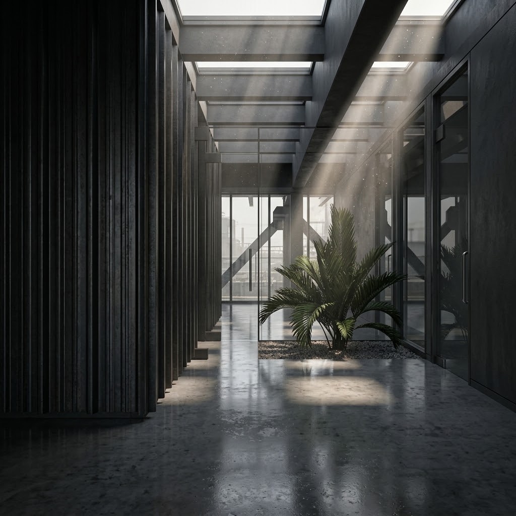 Pasillo interior del Edificio corporativo IP con vegetación e iluminación natural.